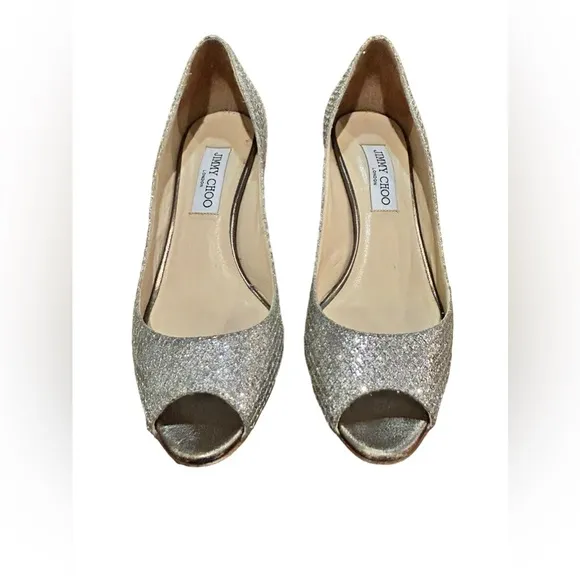 ⚡️ Jimmy Choo⚡️ Silver/Sparkly Peep Toe Heels Size 38