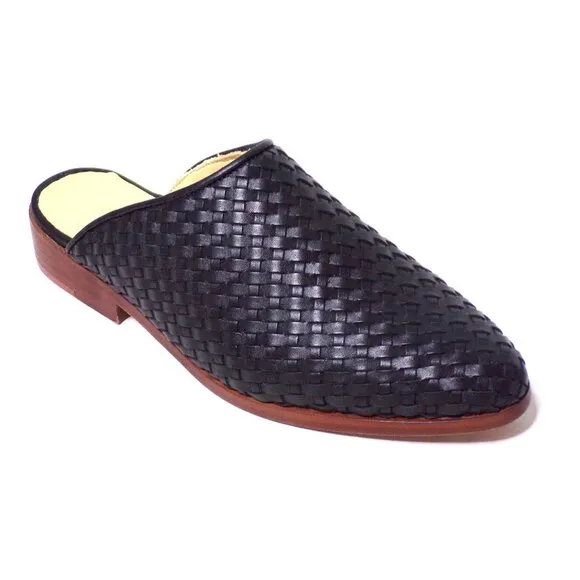 🆕 NISOLO Ama Woven Slip On Mules Flats Shoes Cushioned Black Leather 5