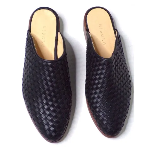 🆕 NISOLO Ama Woven Slip On Mules Flats Shoes Cushioned Black Leather 5