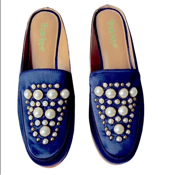 🆕|| TRU IVY ||Annabelle Slip-On Mules Navy Satin Pearls &amp;Short Wooden Heel |6½|