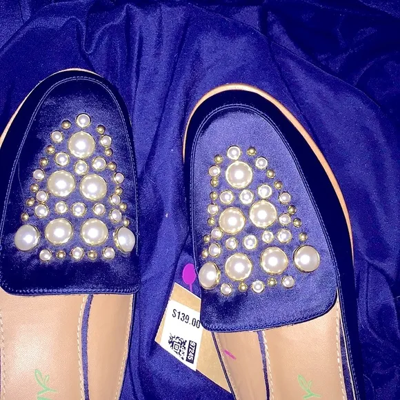 🆕|| TRU IVY ||Annabelle Slip-On Mules Navy Satin Pearls &amp;Short Wooden Heel |6½|