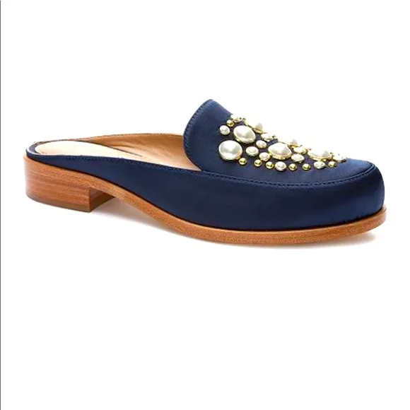 🆕|| TRU IVY ||Annabelle Slip-On Mules Navy Satin Pearls &amp;Short Wooden Heel |6½|