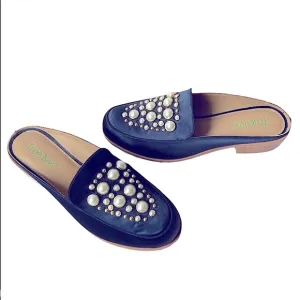 🆕|| TRU IVY ||Annabelle Slip-On Mules Navy Satin Pearls &amp;Short Wooden Heel |6½|