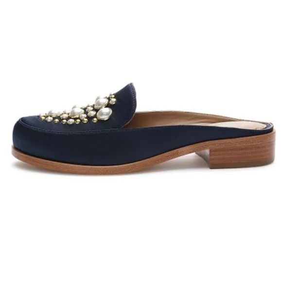 🆕|| TRU IVY ||Annabelle Slip-On Mules Navy Satin Pearls &amp;Short Wooden Heel |6½|