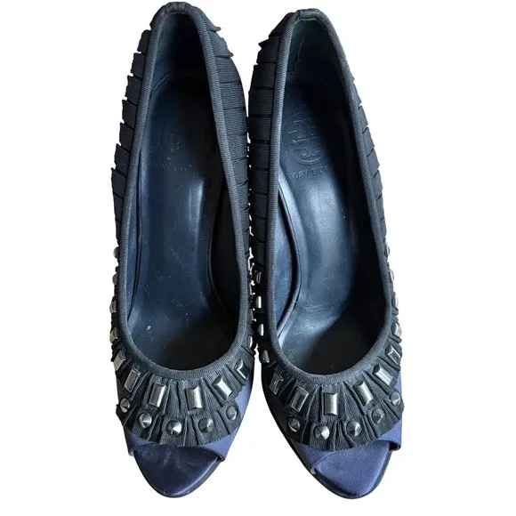$395 TORY BURCH Satin Peep Toe Heels Platform Shoes Navy Black Ruffle Studs 10M