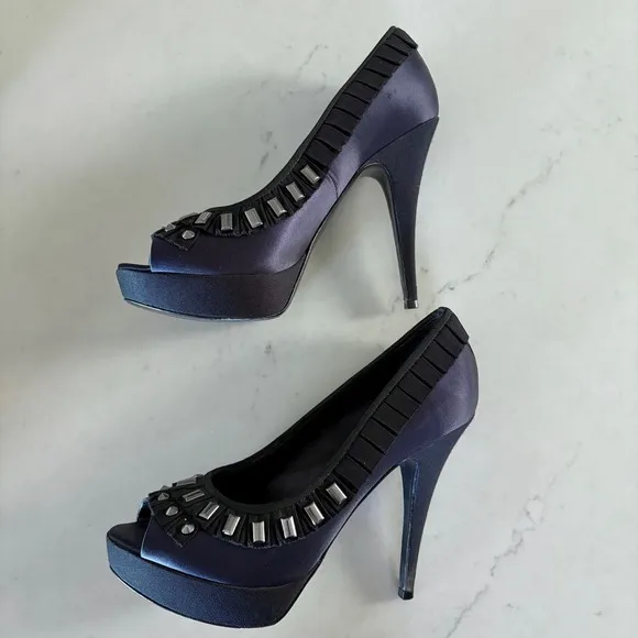$395 TORY BURCH Satin Peep Toe Heels Platform Shoes Navy Black Ruffle Studs 10M