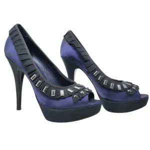 $395 TORY BURCH Satin Peep Toe Heels Platform Shoes Navy Black Ruffle Studs 10M