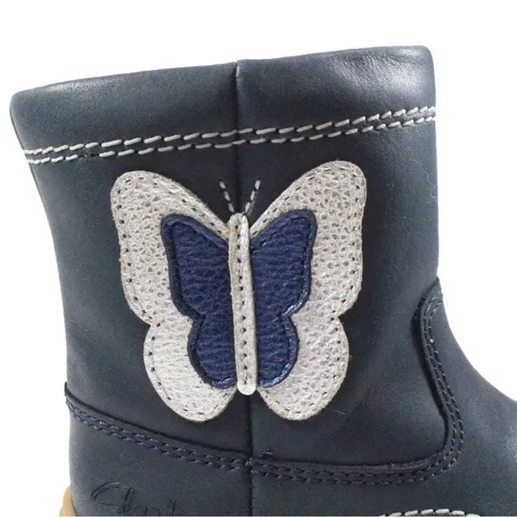 £48 NEW Clarks Flash Midi Navy Combi Leather Toddler Girls Boots in Navy