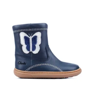 £48 NEW Clarks Flash Midi Navy Combi Leather Toddler Girls Boots in Navy
