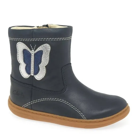 £48 NEW Clarks Flash Midi Navy Combi Leather Toddler Girls Boots in Navy