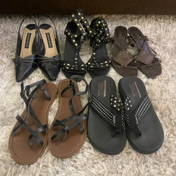 5 Pairs‎ Women’s Size 7 Shoes Sandals Heels Bundle Dress Shoes Black &amp; Brown