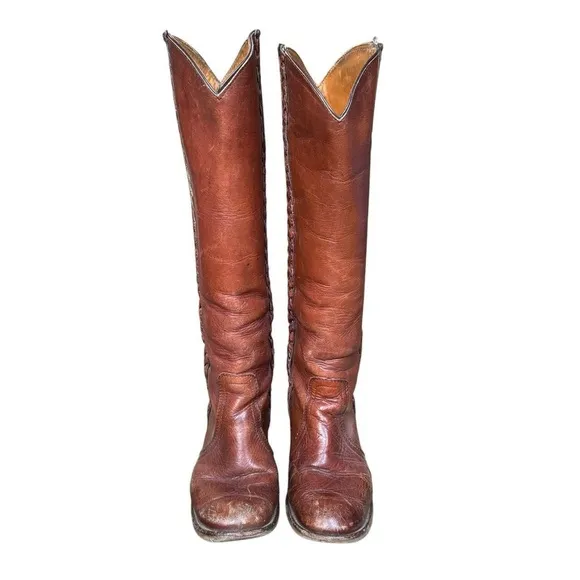 70s Frye brown leather western campus below the knee boots stacked heel size 5