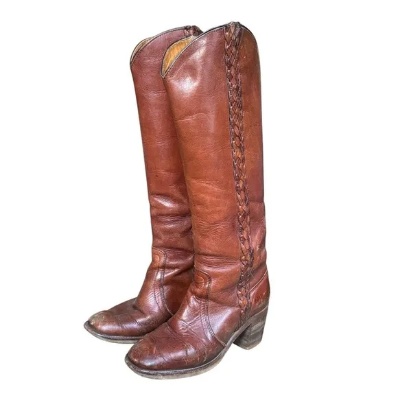 70s Frye brown leather western campus below the knee boots stacked heel size 5
