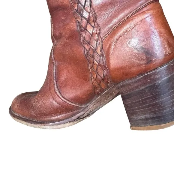 70s Frye brown leather western campus below the knee boots stacked heel size 5