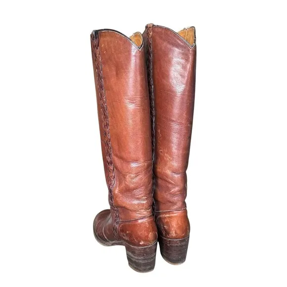 70s Frye brown leather western campus below the knee boots stacked heel size 5