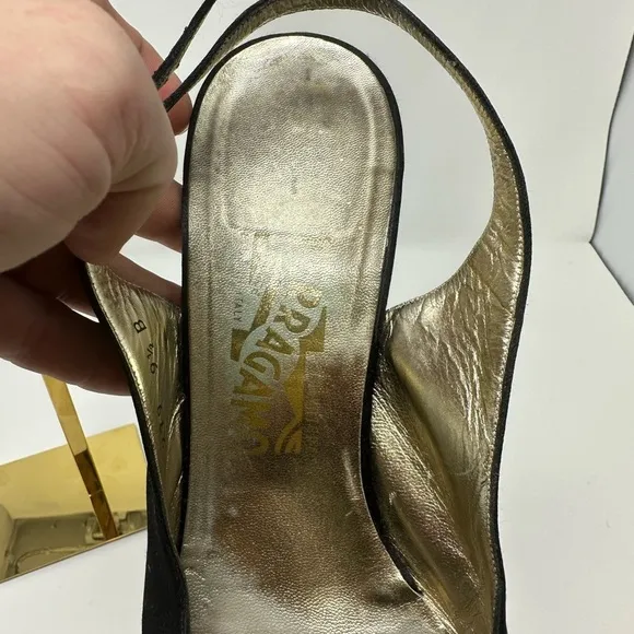 9.5 Black Salvatore Ferragamo Sling Back Black Satin Heels