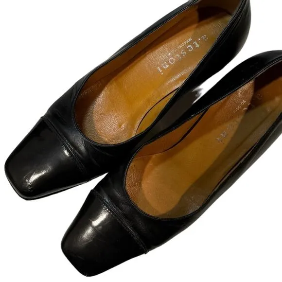 A. Testoni Black Leather Heels 3&quot; Square Toe Italy Size 5.5 with Dust Bag