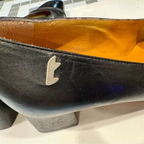 A. Testoni Black Leather Heels 3&quot; Square Toe Italy Size 5.5 with Dust Bag