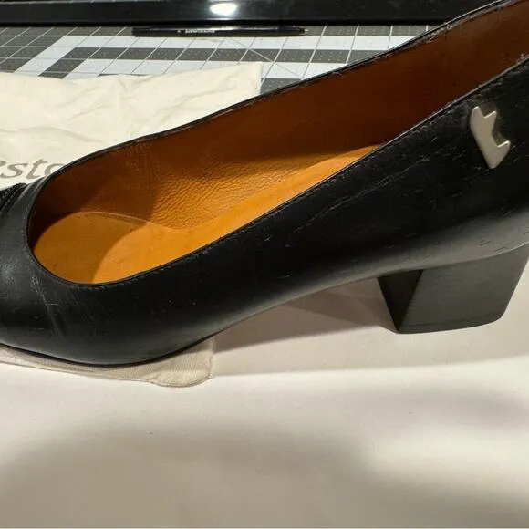 A. Testoni Black Leather Heels 3&quot; Square Toe Italy Size 5.5 with Dust Bag