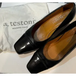 A. Testoni Black Leather Heels 3&quot; Square Toe Italy Size 5.5 with Dust Bag