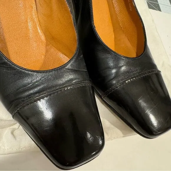 A. Testoni Black Leather Heels 3&quot; Square Toe Italy Size 5.5 with Dust Bag