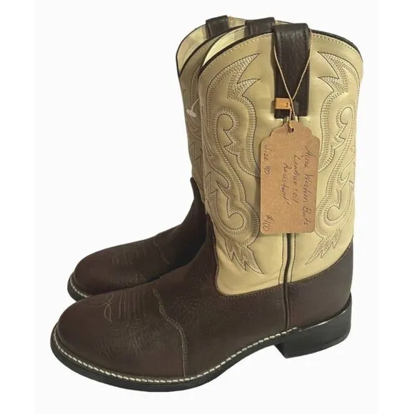 Acme Western Cowboy Boots Brown &amp; Cream Men's‎ Size 9D NWOT