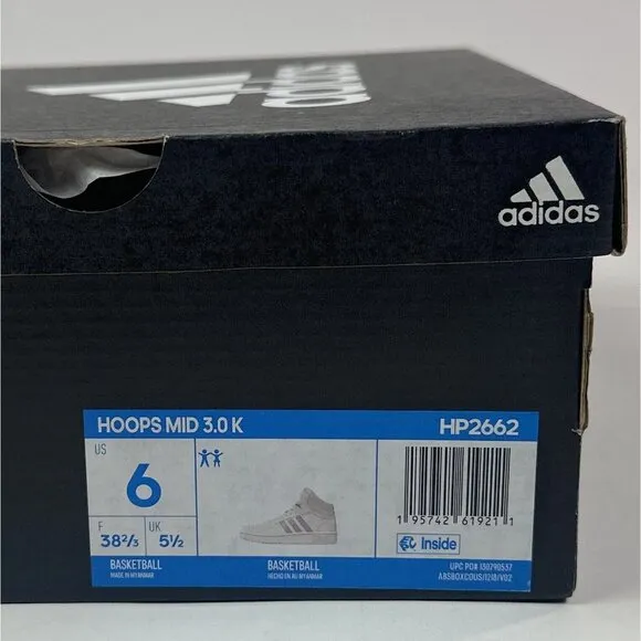 Adidas Hoops Mid 3.0 Kids Size 6 White Silver Basketball Shoes Sneakers HP2662