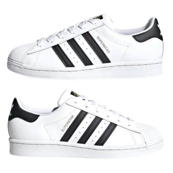 Adidas | Kid’s unisex white Superstar lace up sneakers, 3 black stripes, sz 5.5