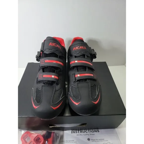 Aicall Mens Cycling shoes Narrow Fit Delta Cleats Black Red Color Size 9 New.