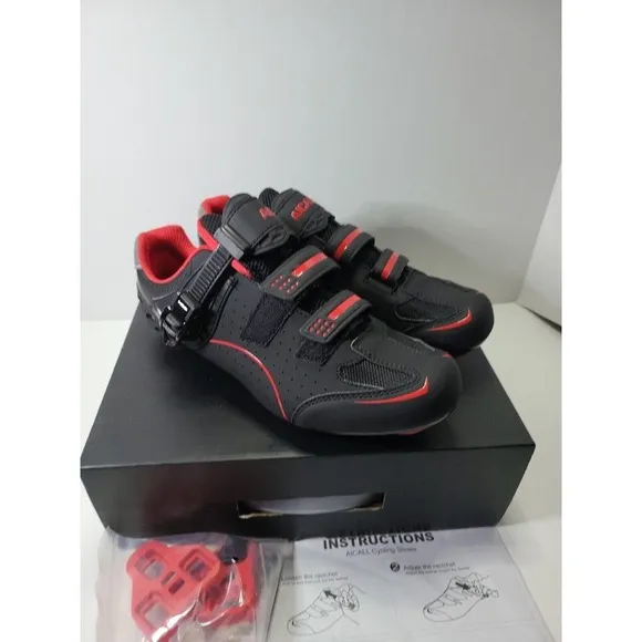 Aicall Mens Cycling shoes Narrow Fit Delta Cleats Black Red Color Size 9 New.