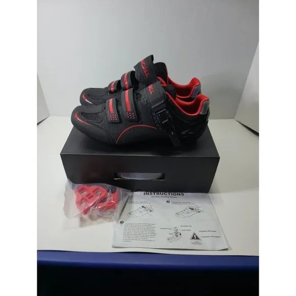 Aicall Mens Cycling shoes Narrow Fit Delta Cleats Black Red Color Size 9 New.