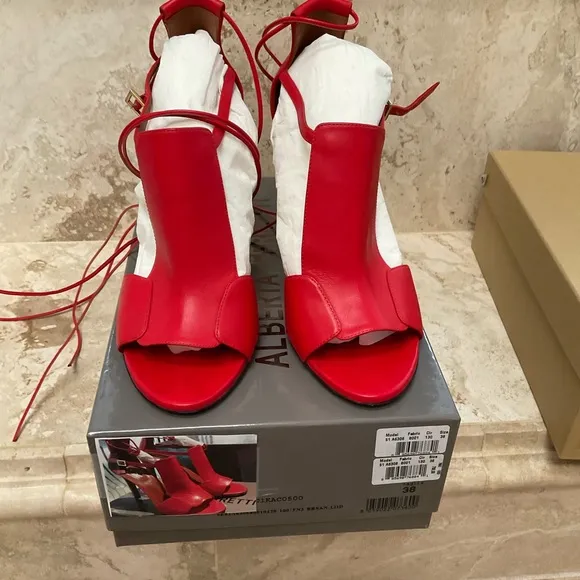 ALBERTA FERRETTI RED SANDALS SIZE 38 WRAP TIES