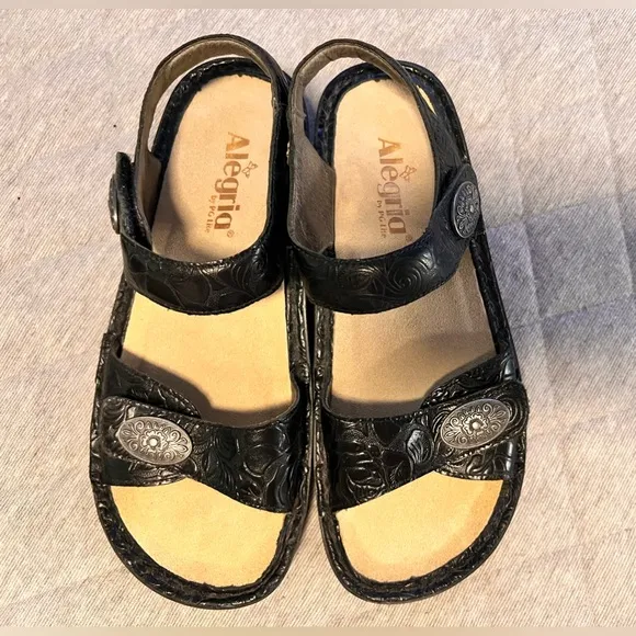 ALEGRIA Vienna Cowgirl Tar Black Sandals Sz 37 US 7-7.5 Adj Straps