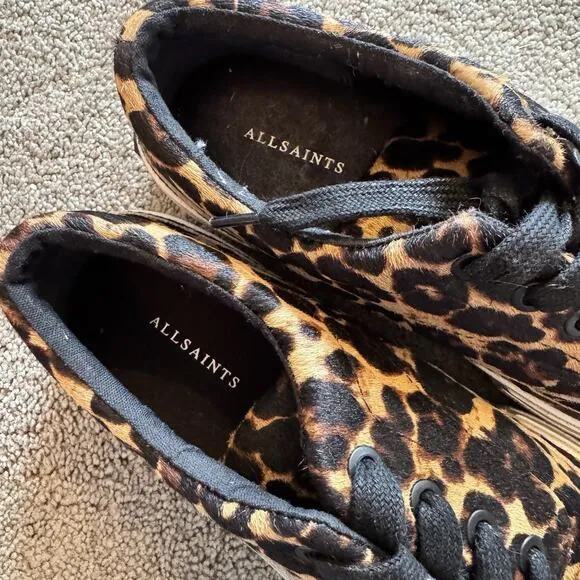 AllSaints Mercia Calf Hair Leopard Print Sneakers Womens Size 6 EUR 37 Cheetah