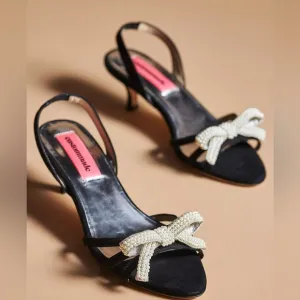 ANTHROPOLOGIE Black Velvet Pearl Bow Shoes 38 7 7.5 Kitten Heels HOST PICK NEW