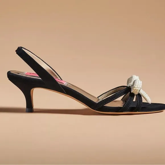 ANTHROPOLOGIE Black Velvet Pearl Bow Shoes 38 7 7.5 Kitten Heels HOST PICK NEW