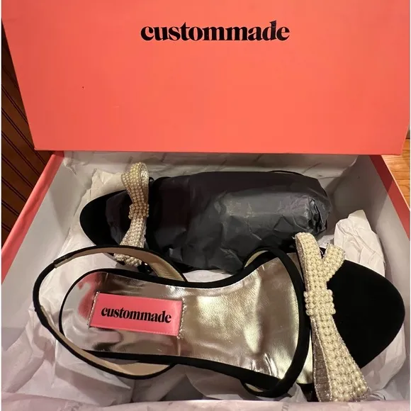 ANTHROPOLOGIE Black Velvet Pearl Bow Shoes 38 7 7.5 Kitten Heels HOST PICK NEW