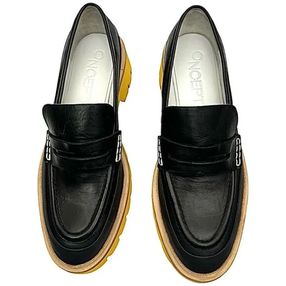 Anthropologie Oncept Heeled Loafers Black Yellow Womens Size 9 Boho Hipster NWOB