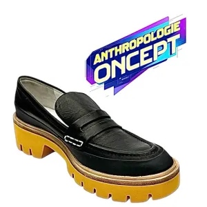 Anthropologie Oncept Heeled Loafers Black Yellow Womens Size 9 Boho Hipster NWOB