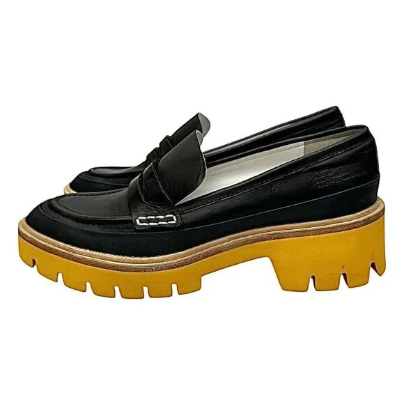 Anthropologie Oncept Heeled Loafers Black Yellow Womens Size 9 Boho Hipster NWOB