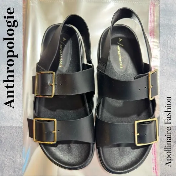 Anthropologie Black Square Buckle Slingback Sandals Size 39 New