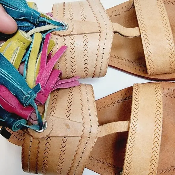 Antik Batik Youri Green Pink Yellow Tassled Sandals Size 39 Size 8.5 Bin2