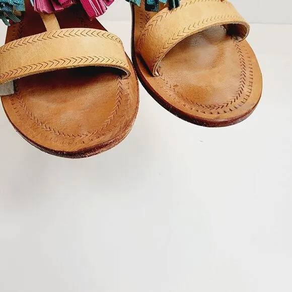 Antik Batik Youri Green Pink Yellow Tassled Sandals Size 39 Size 8.5 Bin2