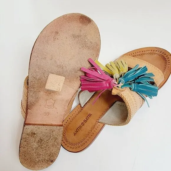 Antik Batik Youri Green Pink Yellow Tassled Sandals Size 39 Size 8.5 Bin2