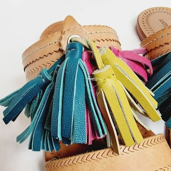 Antik Batik Youri Green Pink Yellow Tassled Sandals Size 39 Size 8.5 Bin2