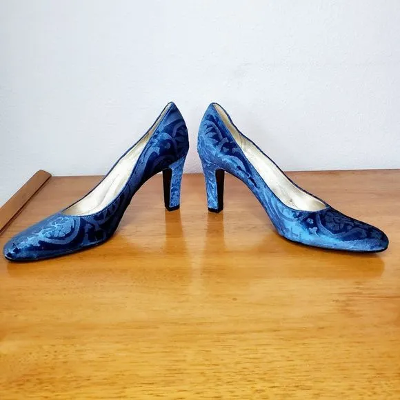 Antonia Sautter Collection Blue Velvet Damask Print Heels Shoes Handmade SZ 37