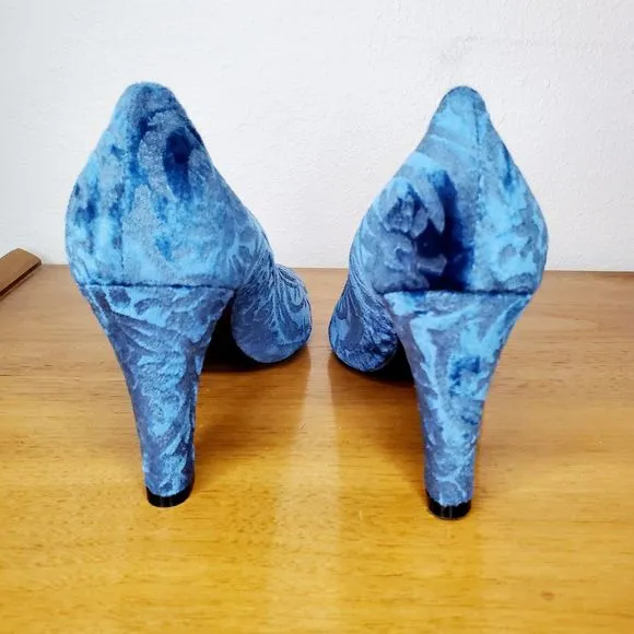 Antonia Sautter Collection Blue Velvet Damask Print Heels Shoes Handmade SZ 37