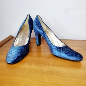 Antonia Sautter Collection Blue Velvet Damask Print Heels Shoes Handmade SZ 37