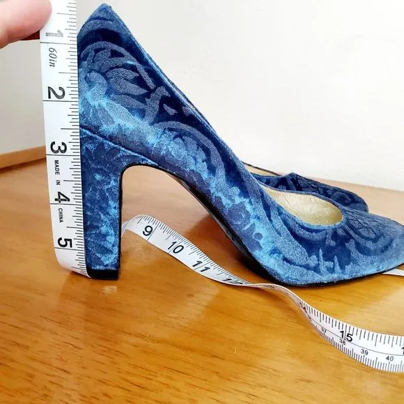 Antonia Sautter Collection Blue Velvet Damask Print Heels Shoes Handmade SZ 37