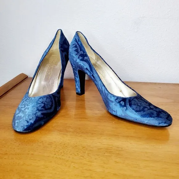Antonia Sautter Collection Blue Velvet Damask Print Heels Shoes Handmade SZ 37
